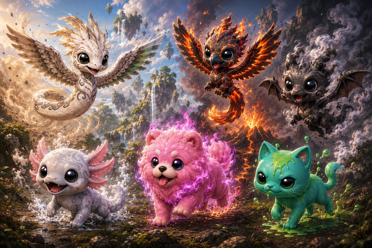 Six mythic Elemixies over an elemental valley